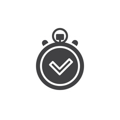 Stopwatch with check mark icon vector, filled flat sign, solid pictogram isolated on white. Time management symbol, logo illustration