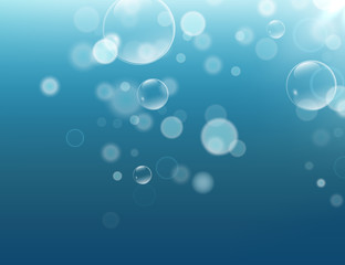 A beautiful light blue shiny background with water bubbles and bokeh. Blue water, deep sea, ocaen background template for design and print. Vector illustration, eps10