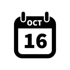 Simple black calendar icon with 16 october date isolated on white