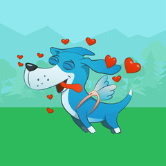 blue dog in love jumping with hearts around