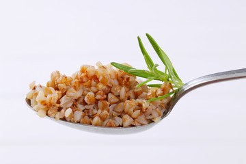 spoon of cooked buckwheat