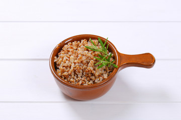 saucepan of cooked buckwheat