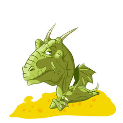 Fototapeta premium Colorful vector illustration of a cartoon grumpy dragon, laying on a treasure