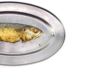 Fried mackerel on the aluminium long dish with Nam Prik