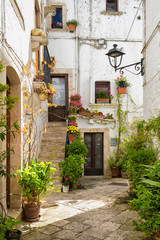 Locorotondo (Puglia, Italy) - View of the picturesque little village in south Italy, with its balconies decorated with colorful geraniums.