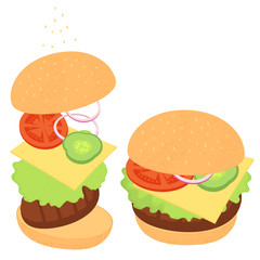 Cheeseburger with greens and vegetables. A set of ingredients for cooking isolated