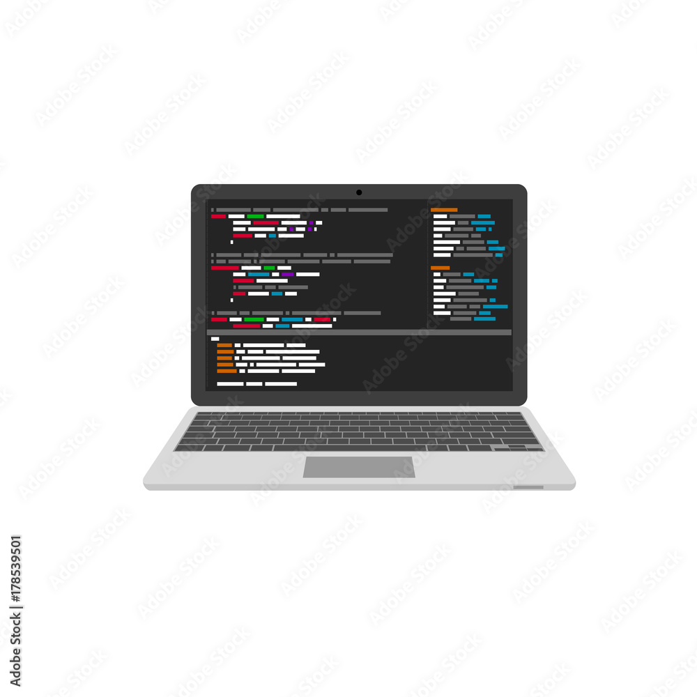 Poster Programming and coding. Website development on laptop. Vector illustration