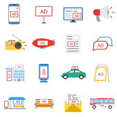 Advertising, icon set. Advertisements on various surfaces