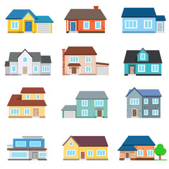 Set of houses front view. Collection of icons of urban and suburban house, town house, and cottage. Isolated vector illustration