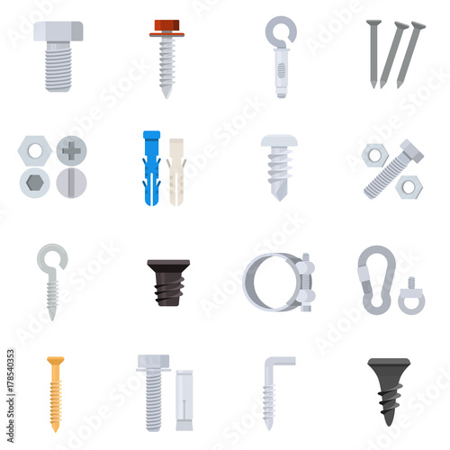 "Fasteners, icon set. Assortment of fasteners. Selftapping screws