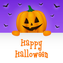 Naklejka premium Happy Halloween - card with wishes and scary pumpkin lantern. Vector.