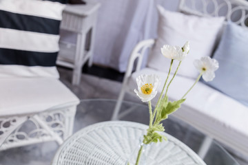 furniture lounge group with chairs sofa and table in a patio with view of garden background
