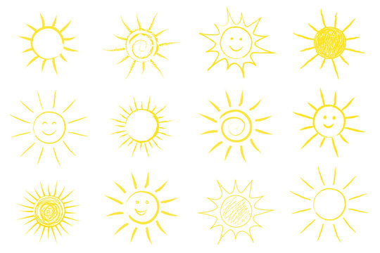 Collection of cute hand drawn sun. Vector.