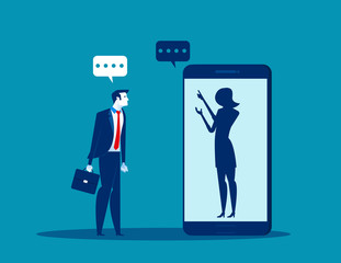 Businessman talking with anonymous person inside of smartphone. Concept business vector illustration.