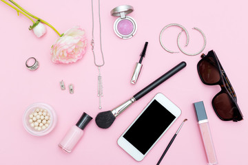 Fashion design woman accessories set. Flat lay