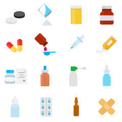 Medical medicines in various packages icons set. Dosage forms