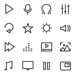 Fototapeta premium Multimedia, icon set in a linear design. Control multimedia devices. Line with editable stroke. Icons for a website