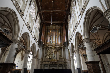 The two organs inside the Church of St. Lawrence (Grote Kerk or Great Church) in Alkmaar,...