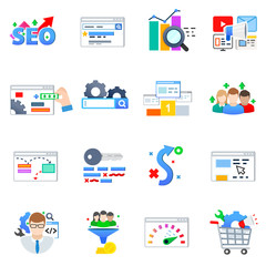SEO, set of icons on the theme of website promotion. Increase the attendance of the web page.