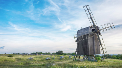 Old Wooden Windmills on Beautiful Landscape. Oland, Sweden.