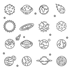 Astronomical objects set of icon. Space bodies. Collection of stars, planets, galaxy, asteroid and more. Line with editable stroke. Isolated vector Illustration in linear design