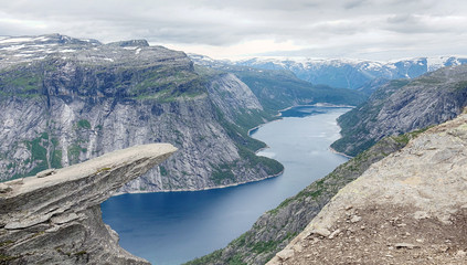 Beautiful norway mountains. Aerial vibrant view on famous Norwegian tourist place Trolltunga