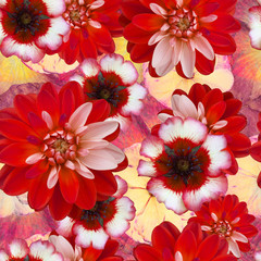 A seamless pattern with red dahlia flowers on the blurred floral background. Old vintage style collage.