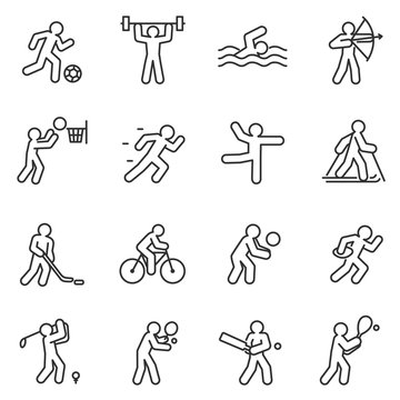 Sport, icon set. Different kinds of sports. linear design. lines with editable stroke