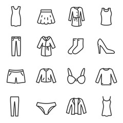 Women's clothing icons set, thin line design. Line with editable stroke