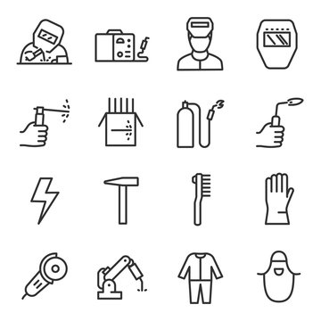 Welding a set of icons in a linear style. Tools and work with welding equipment. Line with editable stroke