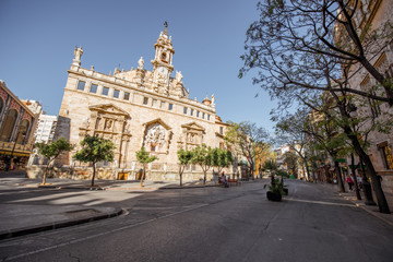 Fototapeta na wymiar View on the saint Joan church near the central market during the morning light in Valencia city in Spain
