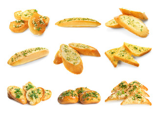 Delicious bread and garlic on white background
