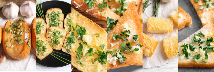 Collage with delicious bread and garlic