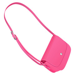 Розовая кожаная женская сумочка на длинном ремне с пряжкой, чтобы носить на плече. Векторный рисунок на белом фоне. - obrazy, fototapety, plakaty