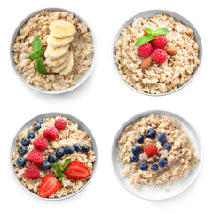 Bowls of oatmeal with berries and fruits on white background