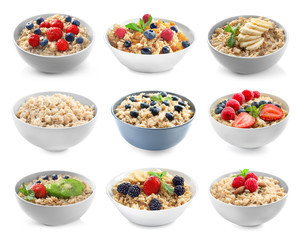 Bowls of oatmeal with berries and fruits on white background