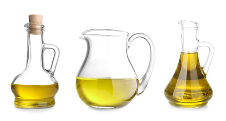 Glassware with different olive oil on white background