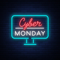 Cyber Monday, discount sale concept illustration in neon style, online shopping and marketing concept, vector illustration. Neon luminous signboard, bright banner, luminous advertisement