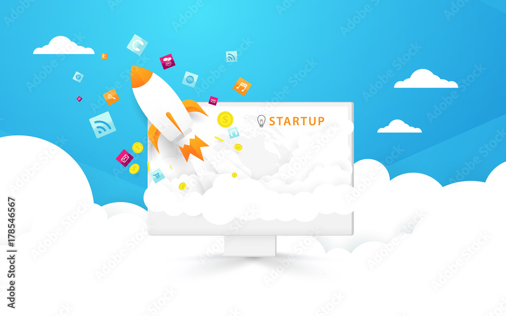 Poster start up background. computer and rocket launch out to the sky with social media icons. illustration