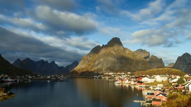 Time lapse - Moving clouds over the fishing village of Reine, Lofoten, Norway