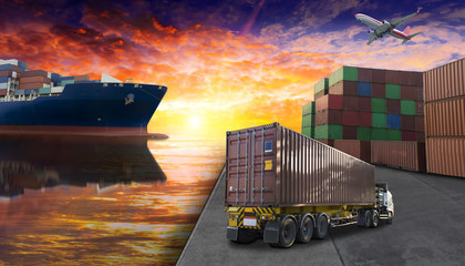 truck ship airplane with container vassel on sunlight background concept team worker logistic transportation .