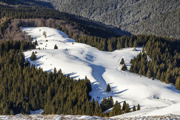 Aerial view of mountain ridge above snow covered forest.