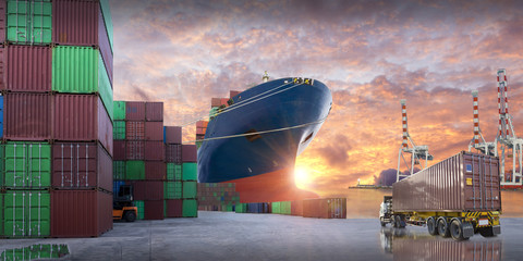truck and ship with container on sunrise sky background import export goods to customer