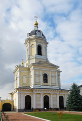 Vysotsky monastery in Serpukhov, Russia. The belltower and the gate Church of the three hierarchs. Orthodox monastery
