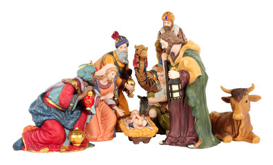 Traditional Christmas nativity scene with Mary and Joseph and baby Jesus isolated on a white...