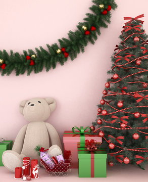 Bear With Gift And Christmas Tree In Light Pink Room -  Artwork For Christmas Day - 3D Rendering