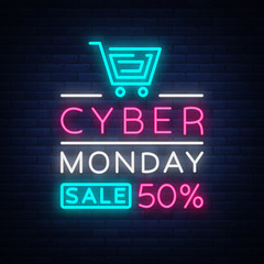 Cyber Monday, discount sale concept illustration in neon style, online shopping and marketing concept, vector illustration. Neon luminous signboard, bright banner, luminous advertisement