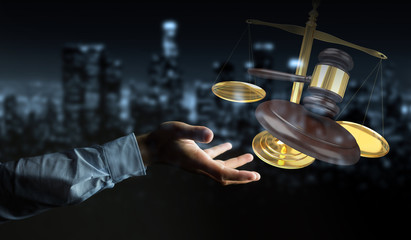 Plakat Businessman with justice hammer and weighing scales 3D rendering