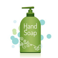 Bottle of liquid hand soap with dispenser. Disinfection, hygiene concept. Vector illustration. Flat style icon.