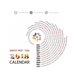 2018 Calendar Template.Spiral calendar.Calendar 2018 Set of 12 Months.Vector design stationery template.Week starts Monday.